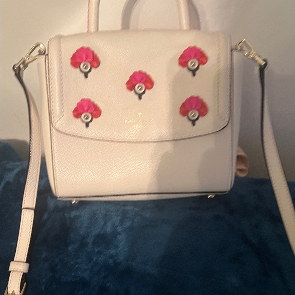 kate spade Cream Leather Satchel with Pink Floral Appliqués